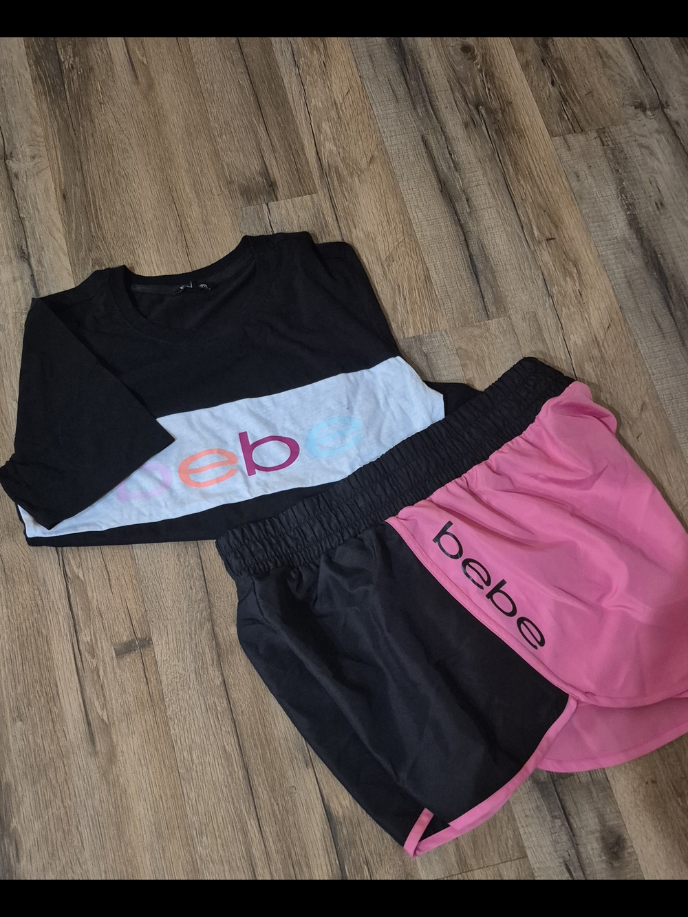 bebe-Black and Pink Colorblock Tee & Shorts Set/ Bundle. NWT!